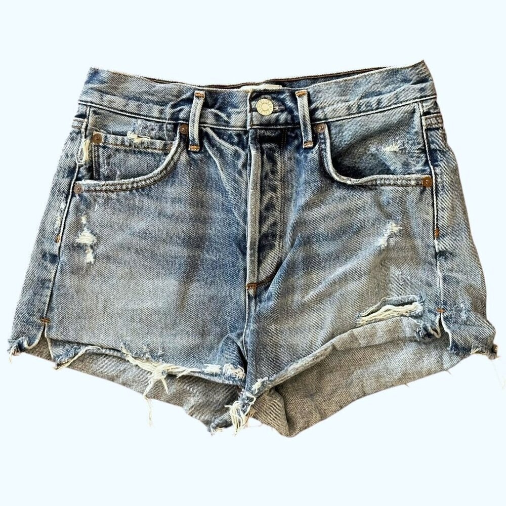 AGOLDE Distressed Jaden 90's High Rise Cutoff Jean Shorts Raw Hem Button Fly 25